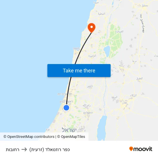 רחובות to כפר רוזנואלד (זרעית) map