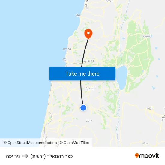 ניר יפה to כפר רוזנואלד (זרעית) map