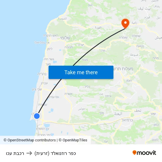 רכבת עכו to כפר רוזנואלד (זרעית) map