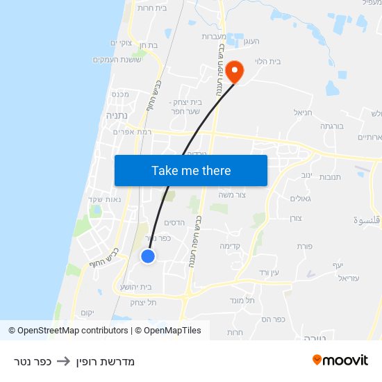 כפר נטר to מדרשת רופין map