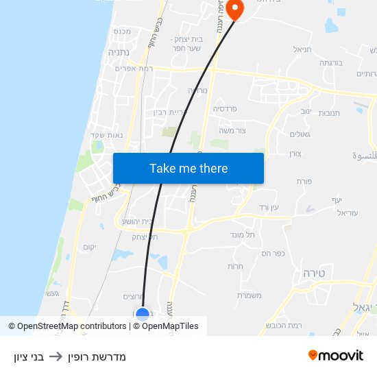 בני ציון to מדרשת רופין map