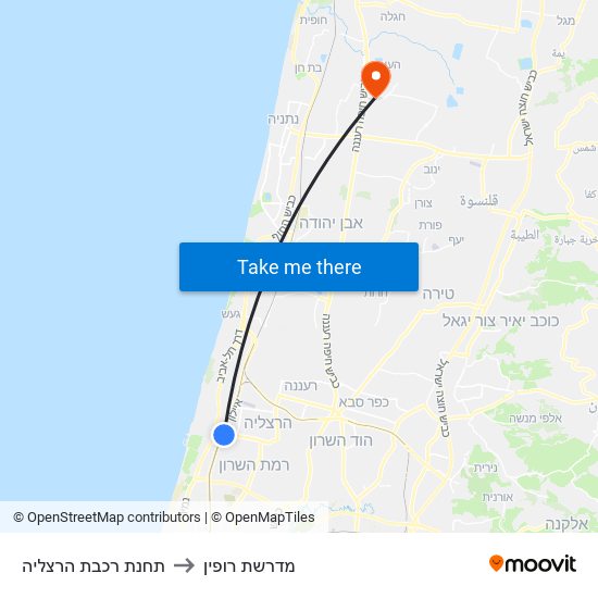 תחנת רכבת הרצליה to מדרשת רופין map