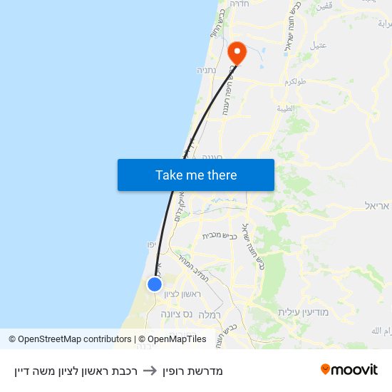 רכבת ראשון לציון משה דיין to מדרשת רופין map