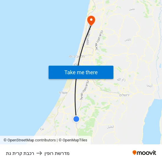 רכבת קרית גת to מדרשת רופין map