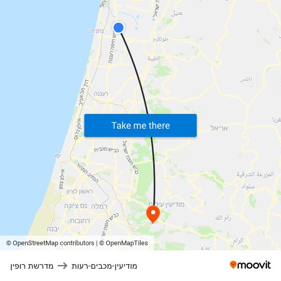 מדרשת רופין to מודיעין-מכבים-רעות map