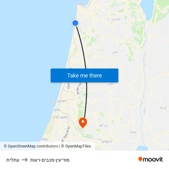 עתלית to מודיעין-מכבים-רעות map