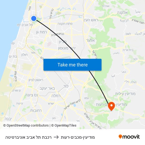 רכבת תל אביב אוניברסיטה to מודיעין-מכבים-רעות map