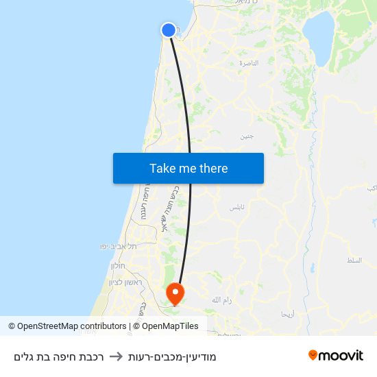 רכבת חיפה בת גלים to מודיעין-מכבים-רעות map