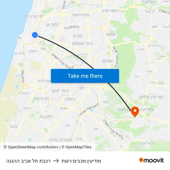 רכבת תל אביב ההגנה to מודיעין-מכבים-רעות map