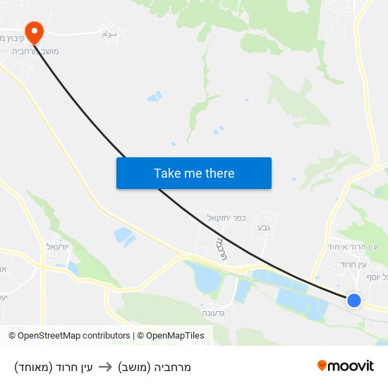 עין חרוד (מאוחד) to מרחביה (מושב) map