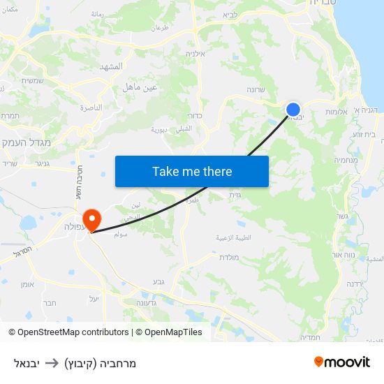 יבנאל to מרחביה (קיבוץ) map