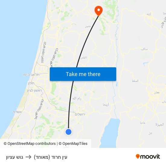 גוש עציון to עין חרוד (מאוחד) map