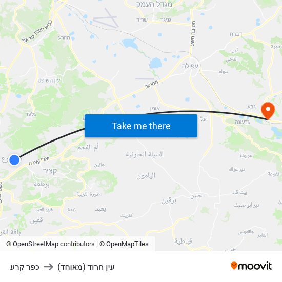 כפר קרע to עין חרוד (מאוחד) map