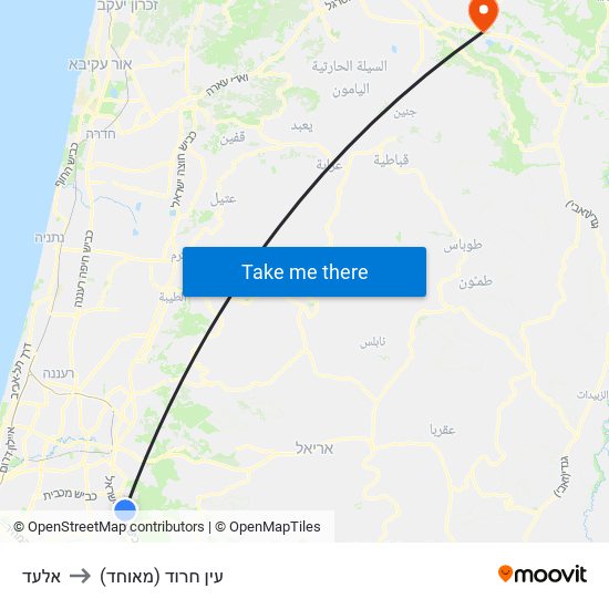 אלעד to עין חרוד (מאוחד) map