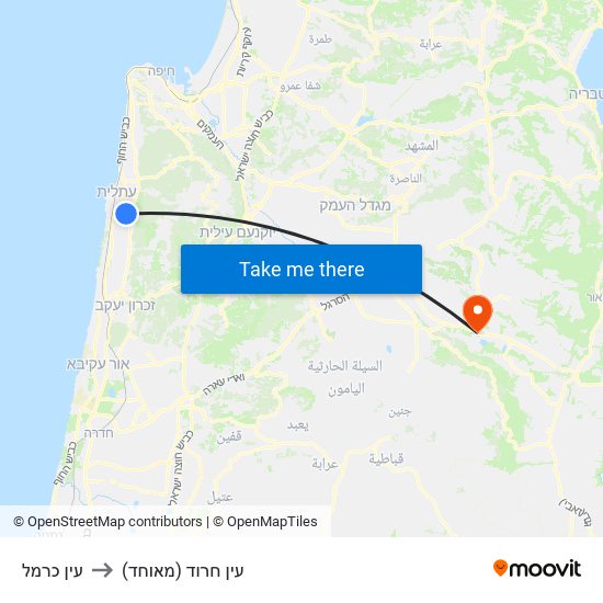 עין כרמל to עין חרוד (מאוחד) map