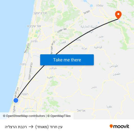 רכבת הרצליה to עין חרוד (מאוחד) map