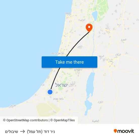 שיבולים to ניר דוד (תל עמל) map