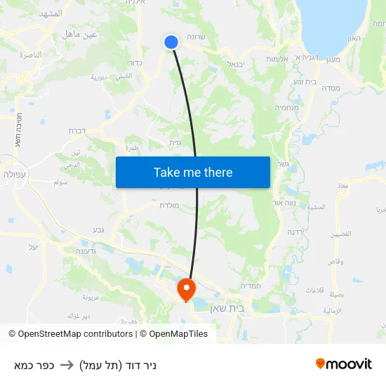 כפר כמא to ניר דוד (תל עמל) map