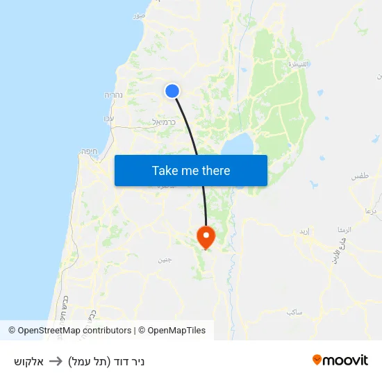 אלקוש to ניר דוד (תל עמל) map