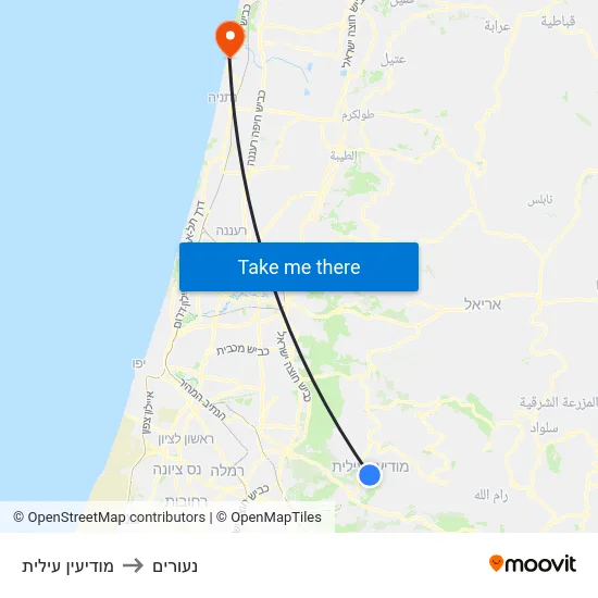 מודיעין עילית to נעורים map