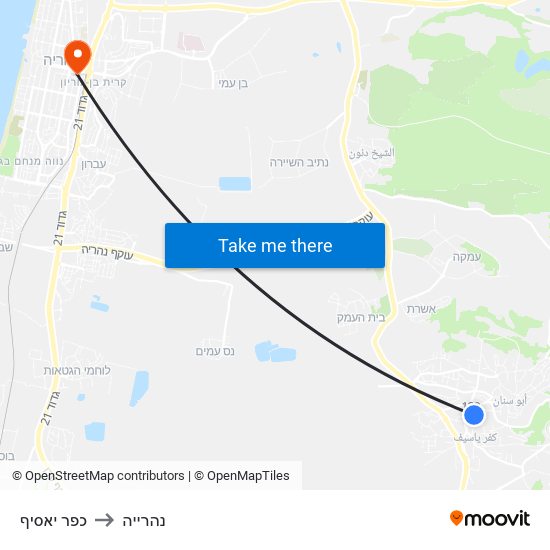 כפר יאסיף to נהרייה map