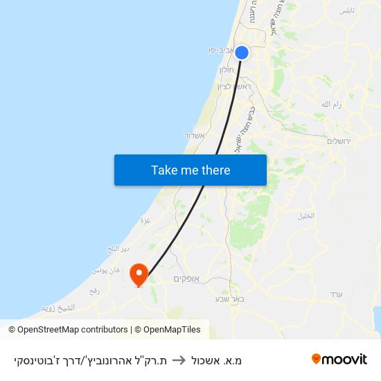 ת.רק''ל אהרונוביץ'/דרך ז'בוטינסקי to מ.א. אשכול map