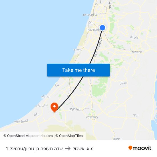 שדה תעופה בן גוריון/טרמינל 1 to מ.א. אשכול map