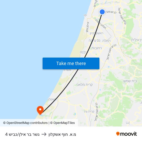 גשר בר אילן/כביש 4 to מ.א. חוף אשקלון map