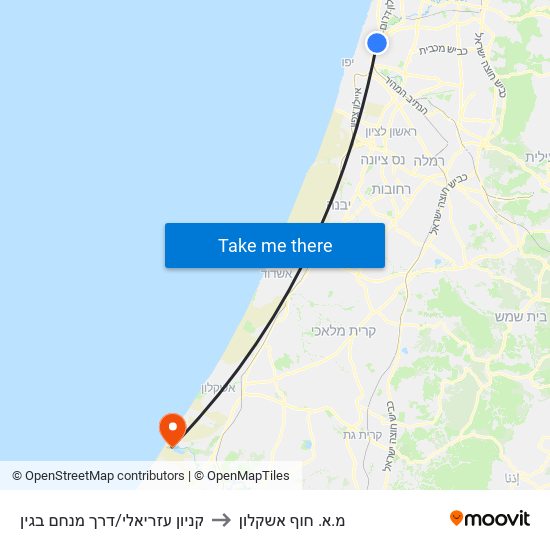 קניון עזריאלי/דרך מנחם בגין to מ.א. חוף אשקלון map