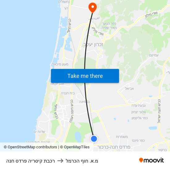 רכבת קיסריה פרדס חנה to מ.א. חוף הכרמל map