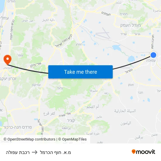 רכבת עפולה to מ.א. חוף הכרמל map