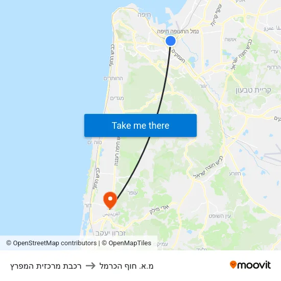 רכבת מרכזית המפרץ to מ.א. חוף הכרמל map