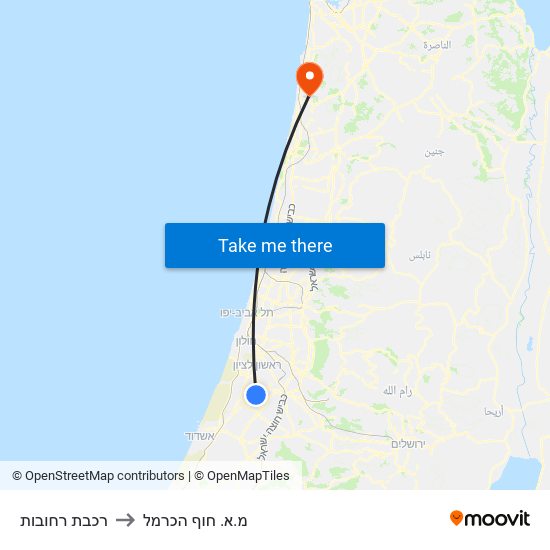 רכבת רחובות to מ.א. חוף הכרמל map