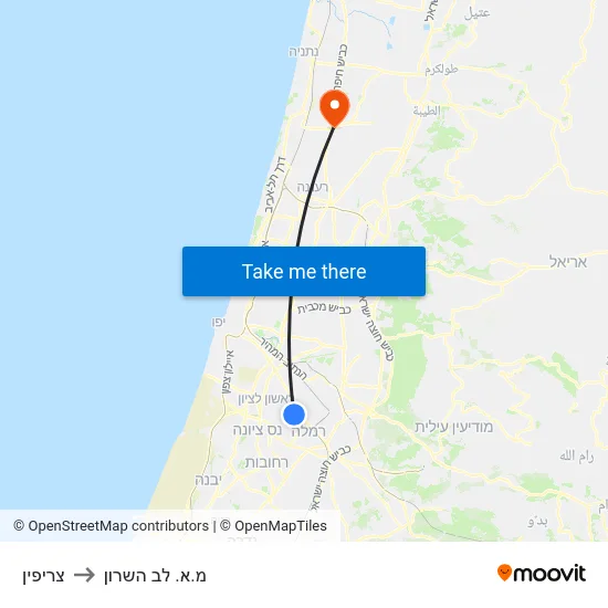 צריפין to מ.א. לב השרון map