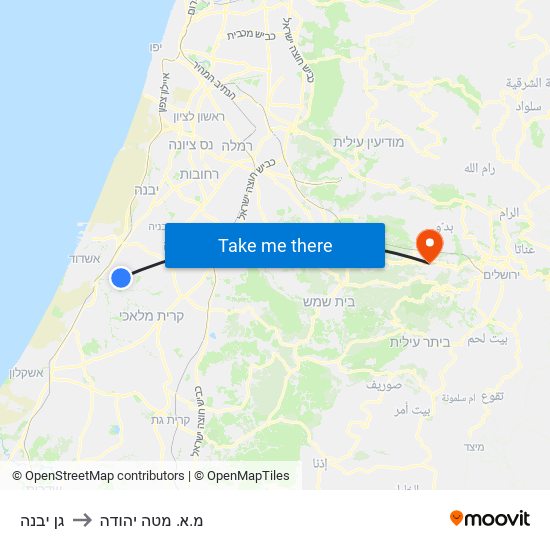 גן יבנה to מ.א. מטה יהודה map