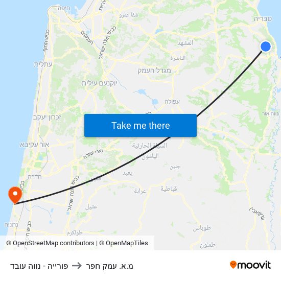 פורייה - נווה עובד to מ.א. עמק חפר map