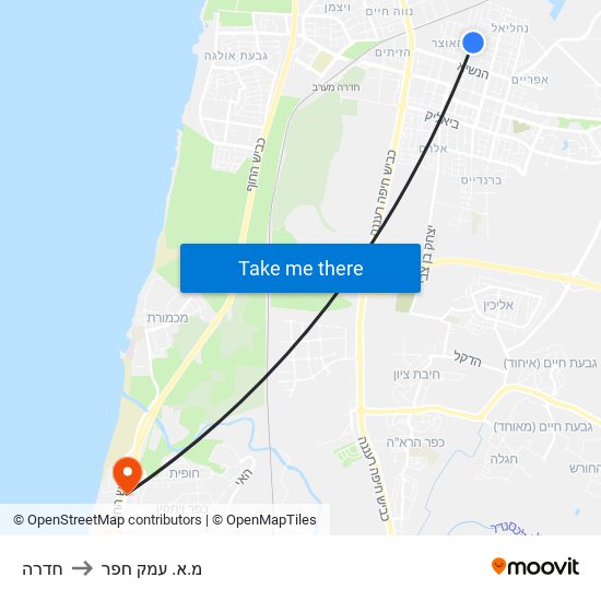 חדרה to מ.א. עמק חפר map