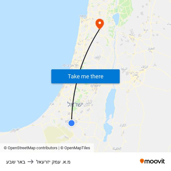 באר שבע to מ.א. עמק יזרעאל map