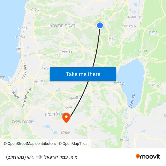 ג'ש (גוש חלב) to מ.א. עמק יזרעאל map