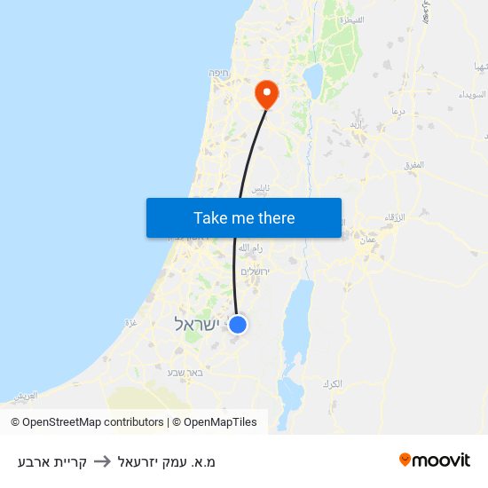 קריית ארבע to מ.א. עמק יזרעאל map