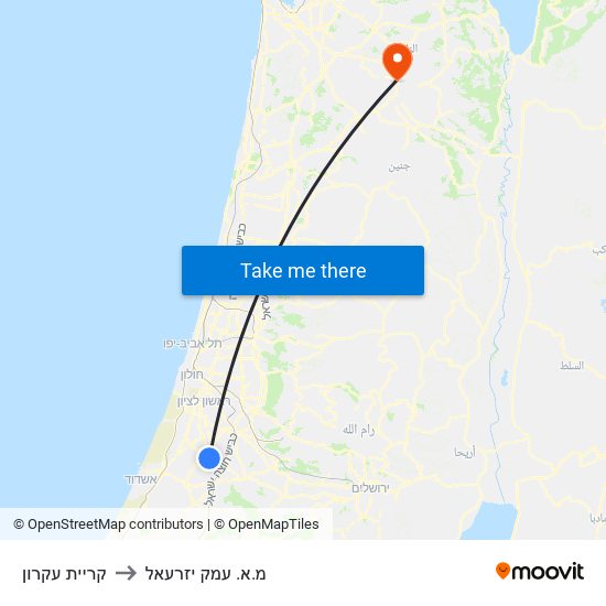 קריית עקרון to מ.א. עמק יזרעאל map