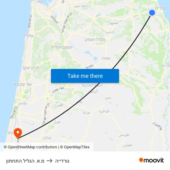 מ.א. הגליל התחתון to נורדייה map