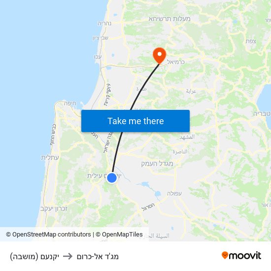 יקנעם (מושבה) to מג'ד אל-כרום map