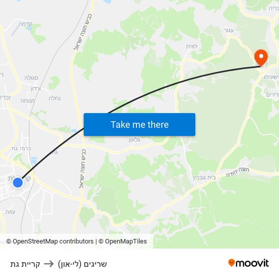 קריית גת to שריגים (לי-און) map