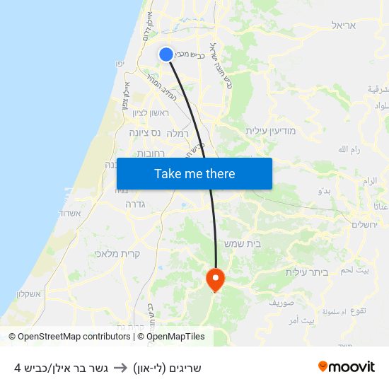 גשר בר אילן/כביש 4 to שריגים (לי-און) map