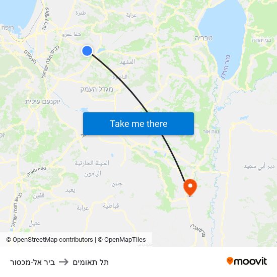 ביר אל-מכסור to תל תאומים map
