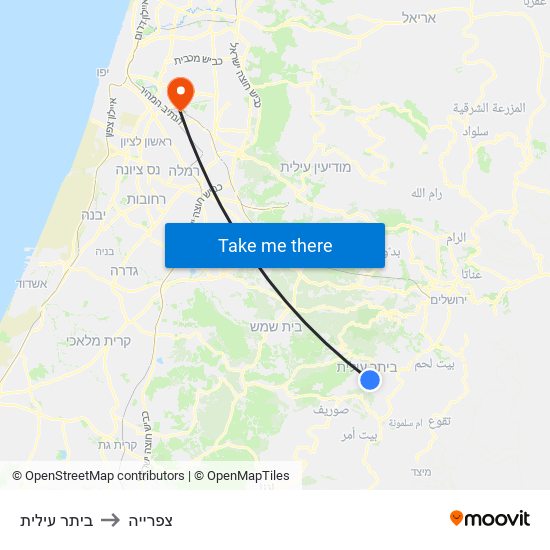 ביתר עילית to צפרייה map