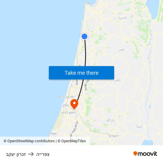 זכרון יעקב to צפרייה map