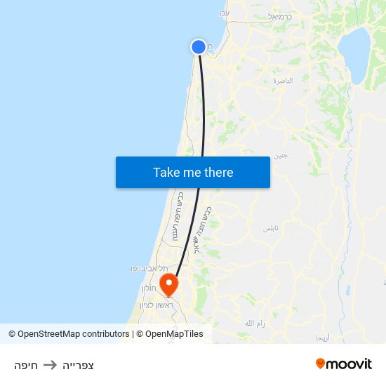 חיפה to צפרייה map