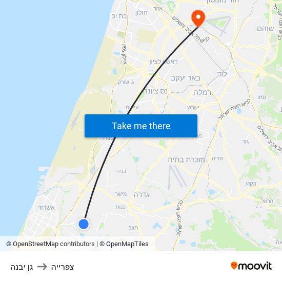 גן יבנה to צפרייה map